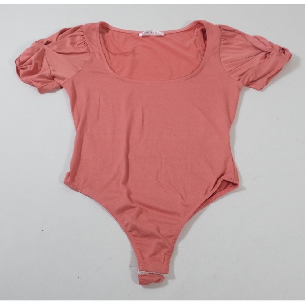 Blue Blush Bodysuit Women Small Pink BT02143 Scoop Neck Short Puff Sleeve Ruched